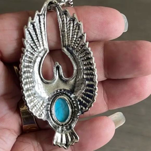 Tribal Eagle Wings Faux Turquoise Pendant Titanium Steel Southwestern Necklace - Picture 7 of 7